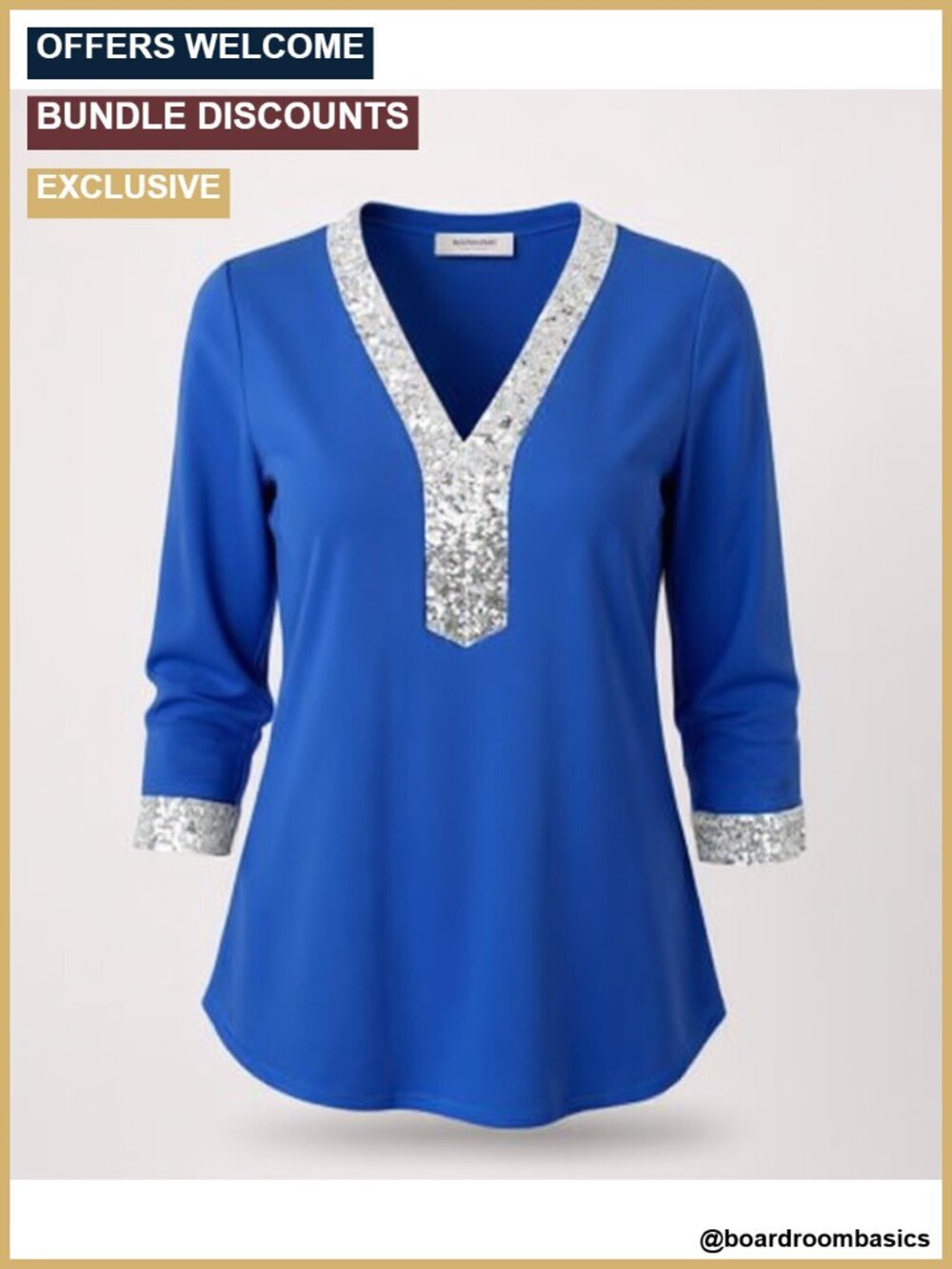 Dressy Sequined V Neck 3/4 Sleeve Tunic Top Blouse Work Shirt